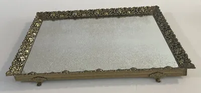 VTG Antique? Metal Vanity Framed Mirror Perfume Tray Gold Color Footed 9 X13  • $30