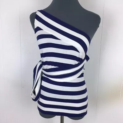 Moda International One Shoulder Knit Top Women S Blue Striped 100% Cotton 30x21 • $11.10