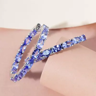 Gift 7Ct Lab-Created Oval Tanzanite Inside-Outside Hoop Earrings 10K White Gold • $993.65