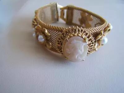 Vintage Florenza Mesh Cameo Bracelet W/ Flowers & Faux Pearls 1 Pearl Missing • £72.97