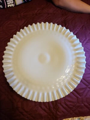 $25 • Buy Vintage Fenton Hobnail Milk Glass Pedestal Cake Plate Stand 13” Ruffled Edge