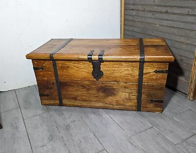 Vintage Rustic Solid Wood & Metal Oriental Asian Trunk Chest - Carpenter Tool • $360