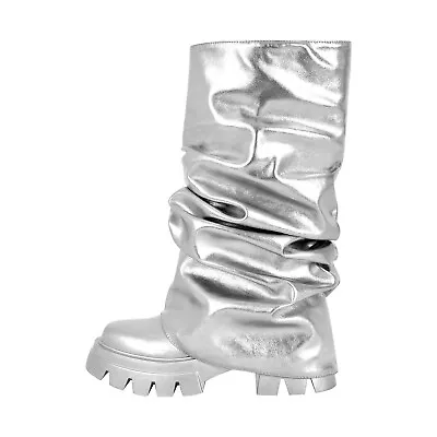 Women's Metallic Round Toe Platform Pull On Mid-Calf Pleated Boots Shoes US7 • $9.99