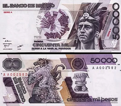 Mexico 50000 Pesos 1986 UNC P-93a Serie A Prefix A A • $75.48