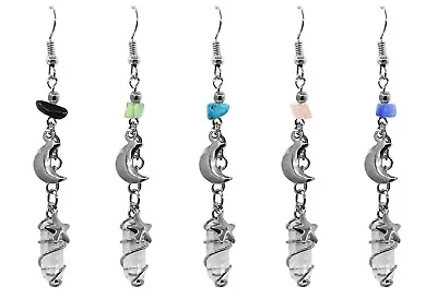 Healing Quartz Crystal Stone Moon Star Charm Dangle Earrings Handmade Jewelry • $13.99