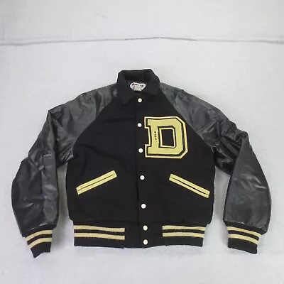 Vintage Varsity Jacket Mens Medium Black Letterman Band Wool Quilted Made In USA • $59.84