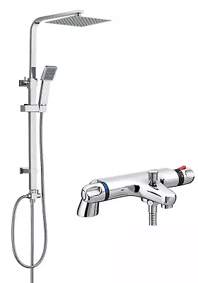 Thermostatic Bath Shower Mixer Tap With Square Modern 3 Way Rigid Riser Rail Kit • £99.95