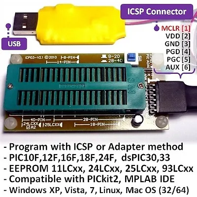 ICA03 USB Microchip PIC/dsPIC/EEPROM ICSP/Zif Socket Programmer Set @ PICkit2 SW • $31.90