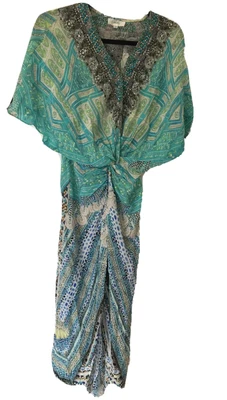 $150 • Buy Camilla Long Silk Embellished Kaftan Turquoise Australian Designer 
