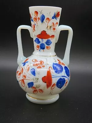 VTG Milk Glass Vase Hand Painted Red Flowers Blue Leaves Gold Accent 5.5  Tall • $19.99