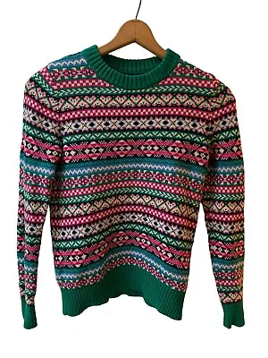 J Crew Womens Green/Pink Fair Isle 100% Cotton Pull Over Sweater Nordic Small • $29.99