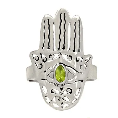 Hamsa Hand - Natural Peridot 925 Sterling Silver Ring Jewelry S.6.5 CR35404 • £9.64