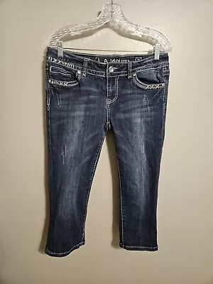 LA IDOL Juniors Cropped Pants Rhinestone Bejeweled Studs Back Pockets Size 11 • $14.95