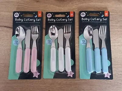 Baby Toddler 3 Piece Feeding Cutlery Set Fork Spoon Knife Blue Pink Or White • £3.95