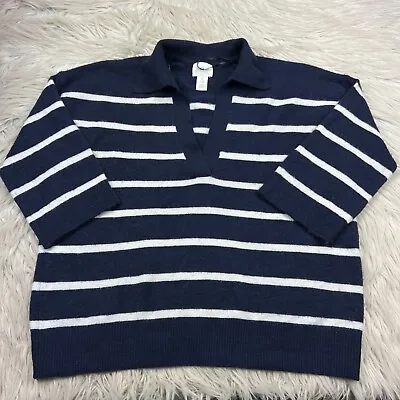 H&M Women's S Navy White Striped Oversized Polo Sweater 3/4 Sleeves • $19.99
