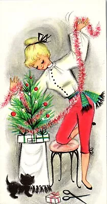 Pink Pedal Pusher Hallmark Pretty Girl Lady Cat VTG Christmas Greeting Card • $4