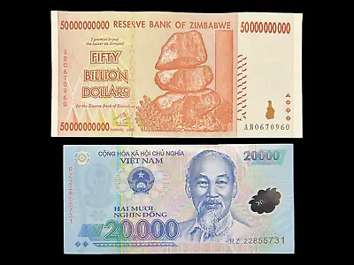 Vietnam 20000 Dong Banknote & Zimbabwe 50 Billion Dollar Bill Currency Money • $5.99