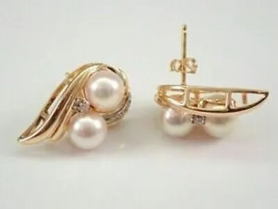 14K Yellow Gold Over 2.00Ct Round Pearl And Diamond Vintage Estate Stud Earrings • $42