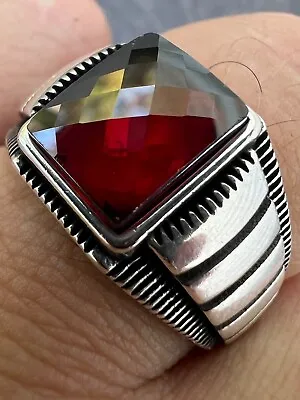 Mens Real 925 Sterling Silver Simulated Ruby Red CZ Gem Stone Pinky Ring Sz 7-13 • $33.37