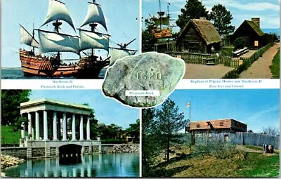 Postcard Plymouth Massachusetts Multi-view Rock Mayflower II Fort House • $4.32