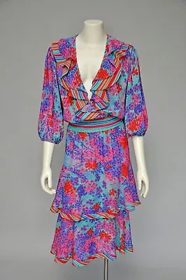 VTG 80s Diane Susan Freis Red Blue Floral Deep V Neckline Ruffles Dress M/L • $108