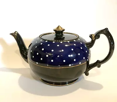 Vintage Teapot  Cobalt Blue Jet Black White Enameled Dots With Gold Accents • $19