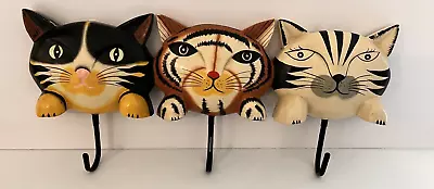 Vintage Cat Face Wall Coat Hooks Kitten Balinese Folk Art Handmade 16  Long X 7  • $16.40