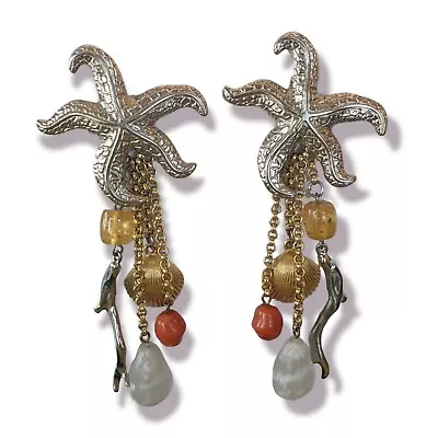 Vintage Ben Amun Large Starfish Branch Coral Shel Dangle Statement Clip Earrings • $99.99