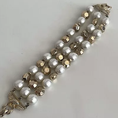 Vintage Coro Gold Tone Three Strand Faux Pearl Beaded Bracelet Rhinestone 7.25” • $12.99