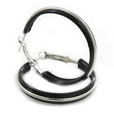 £7.99 • Buy Black Enamel Hoop Earrings In Silver Tone - 40mm D - Medium Size