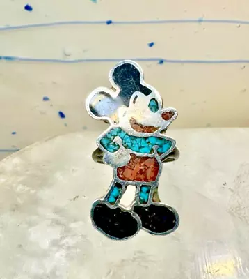 Mickey Mouse Ring Turquoise Southwest Coral Chips Size 6 Sterling Silver Women • $158