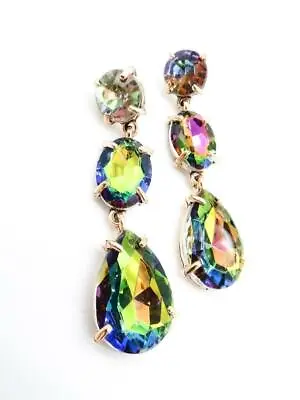 GLITZY Mystic Fire AB Crystals Gold Chandelier Drop Earrings PROM PAGEANT QUEEN • $15.99