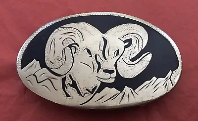 Vintage Big Horn Rocky Mountain Ram Blue Enamel Inlay Heavy Duty Belt Buckle • $39.95