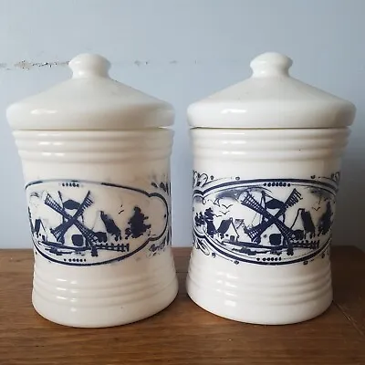 Vintage Dutch Delph Milk Glass  Cannister Storage Jars Blue White Windmills  • £4.99