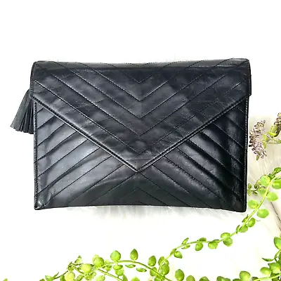 Yves Saint Laurent Clutch Hand Bag V-stitch Black With Fringe Purse • $199