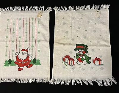 NOS VTG Pair White Cotton Fringed Christmas Santa & Snowman Guest Towels NWT • $12.37