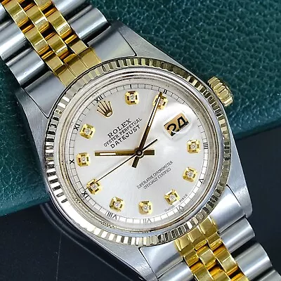 Rolex Mens Datejust Gold Steel Silver Diamond Dial Jubilee 36mm Watch 1601 • $4185