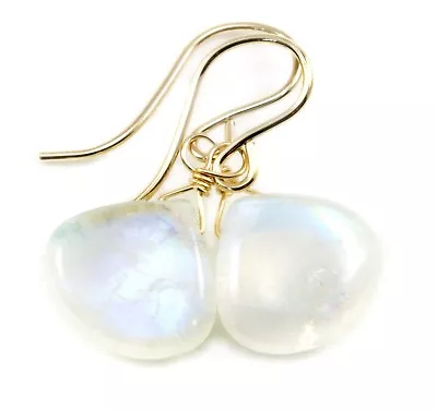 Rainbow Moonstone Earrings White Smooth Teardrops Sterling 14k Yellow Gold Drop • $51