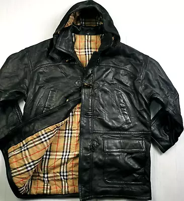 HOT Men's BURBERRYS PARKA DUFFLE HOOD NOVA CHECK LINED BLACK LEATHER Coat 54 XXL • $760