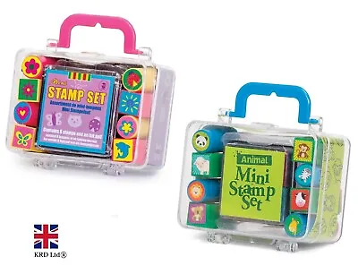 10Pc Kids MINI STAMPS + INK PAD BOX SET Animal Stamp Seal Kit Inking Toy Gift UK • £8.19