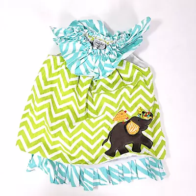 Mudpie Baby Dress Green White Blue With ELEPHANT Applique Girls 12 - 18 M Months • $19.99
