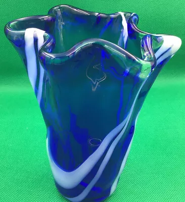 Vintage Colbert￼ ￼￼ Blue With White  Handkerchief Vase Hand Blown 16cm High. • £8