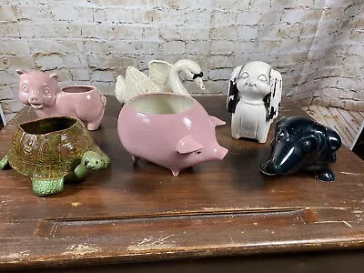 Lot Of 6 Vintage Ceramic Animal Planters Swan Pigs Turtle Dachshund Spaniel • $25