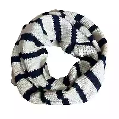 J. Crew Chunky Knit Infinity Scarf Navy Blue Ivory White Stripe Wool Blend • $14.99