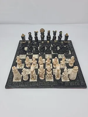 Mexican Chess Game Set Aztec VS SPANISH CONQUISTADORS Black/Cream Stone Like • $74.95