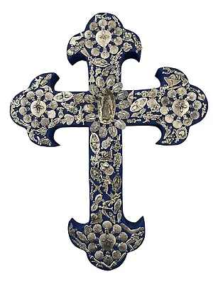 XLG Mexican MILAGROS CROSS Cross W Charms ExVotos Virgin Guadalupe 21” Blue • $118.80