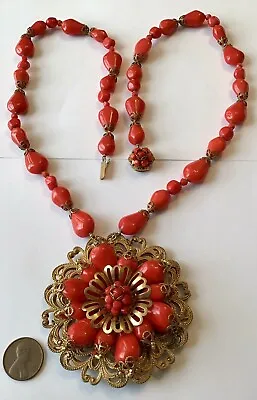 Vintage Miriam Haskell Signed Red Bead And Pendant Necklace • $475