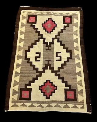 Vintage Navajo Hand-Woven Wool Rug Geometric Design In Neutral Colors 2'11 X 4'3 • £559.78