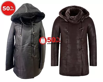 £225 • Buy Ladies Sheepskin Hooded Real Shearling Fur Long Duffle Leather Coat NV-145