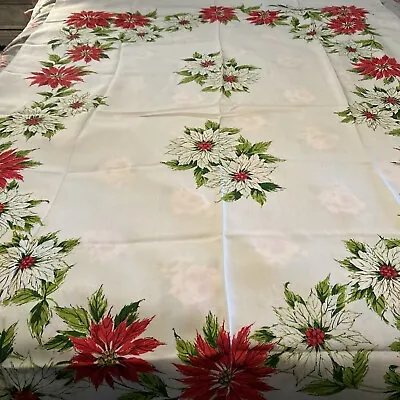 VINTAGE CHRISTMAS RED & WHITE POINSETTIAS LINEN TABLECLOTH 68X50 Excellent • $18.41